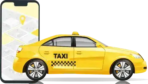Yellow taxi cab and smartphone with navigation map, representing ride-sharing services.