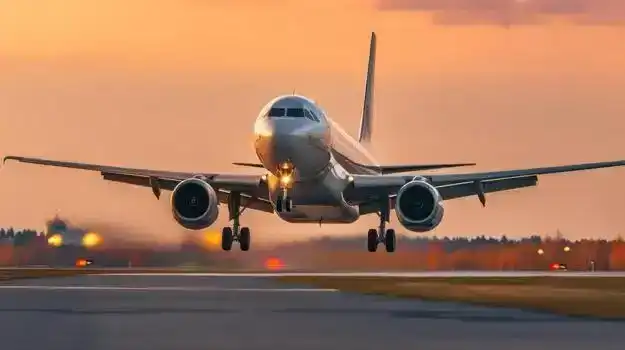 Airplane taking off at sunset, with warm orange sky and runway lights