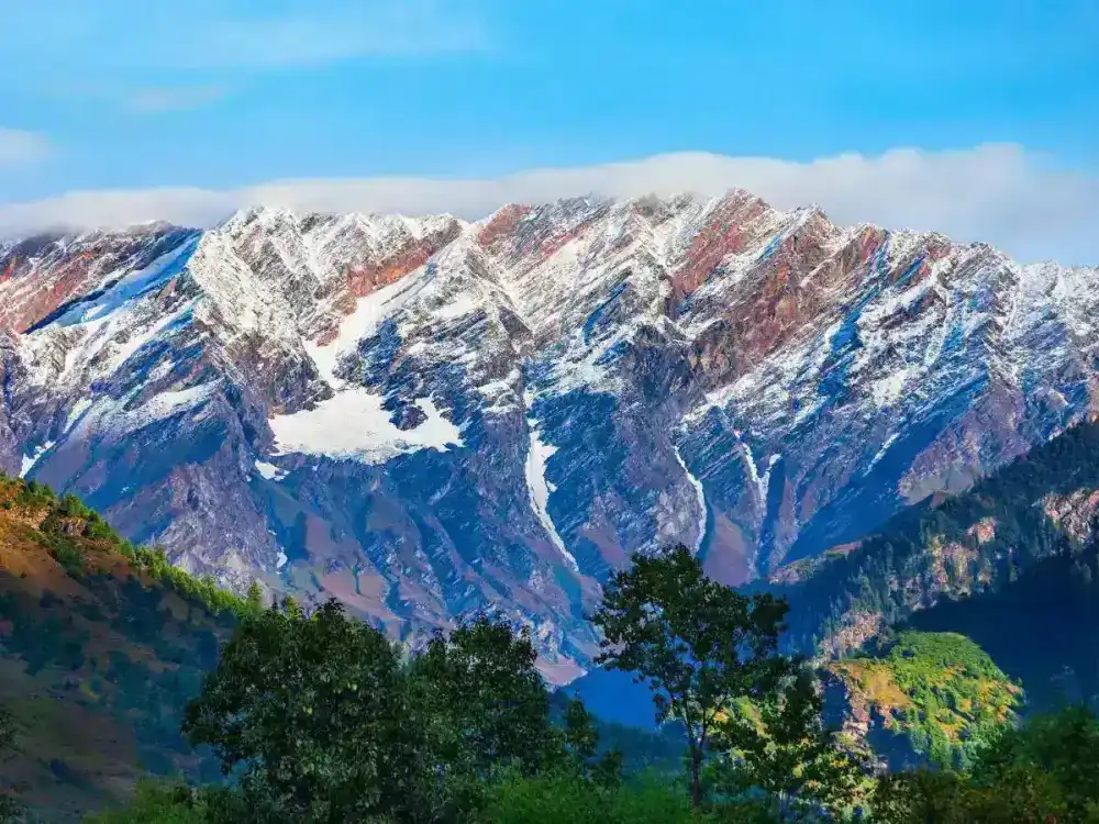 Snow-capped Himalayan mountains with colorful slopes and green trees in the foreground.