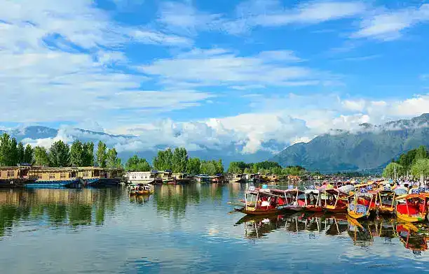 Houseboats on Dal Lake, Srinagar, with colorful boats and mountains