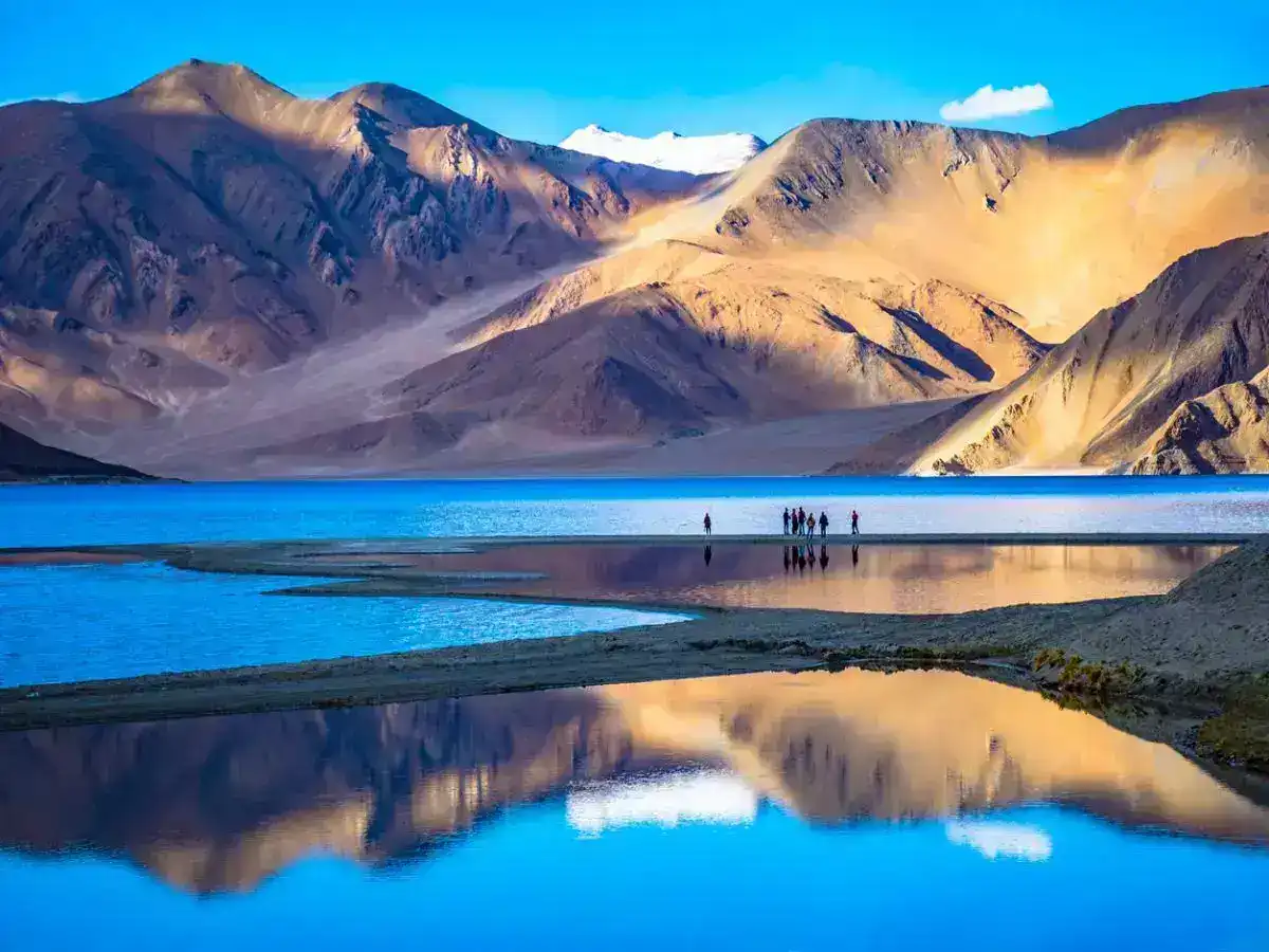 Crystal blue waters of Pangong Tso Lake in Ladakh with mountains in the background